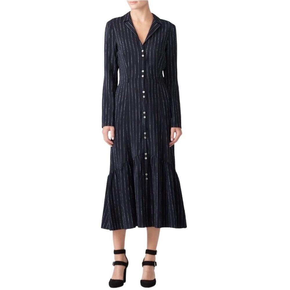 BECKEN Silk Midi Dress Sz 2 Navy Stripe Ruffle Business Retro Y2K 90's Made USA